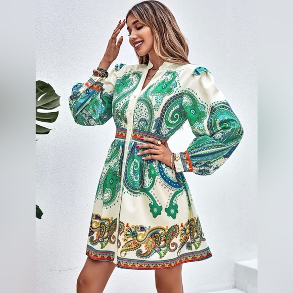 NWOT SHEIN blue/green Paisley Print Lantern Sleeve V neck Shirt Dress size Large - Picture 8 of 9